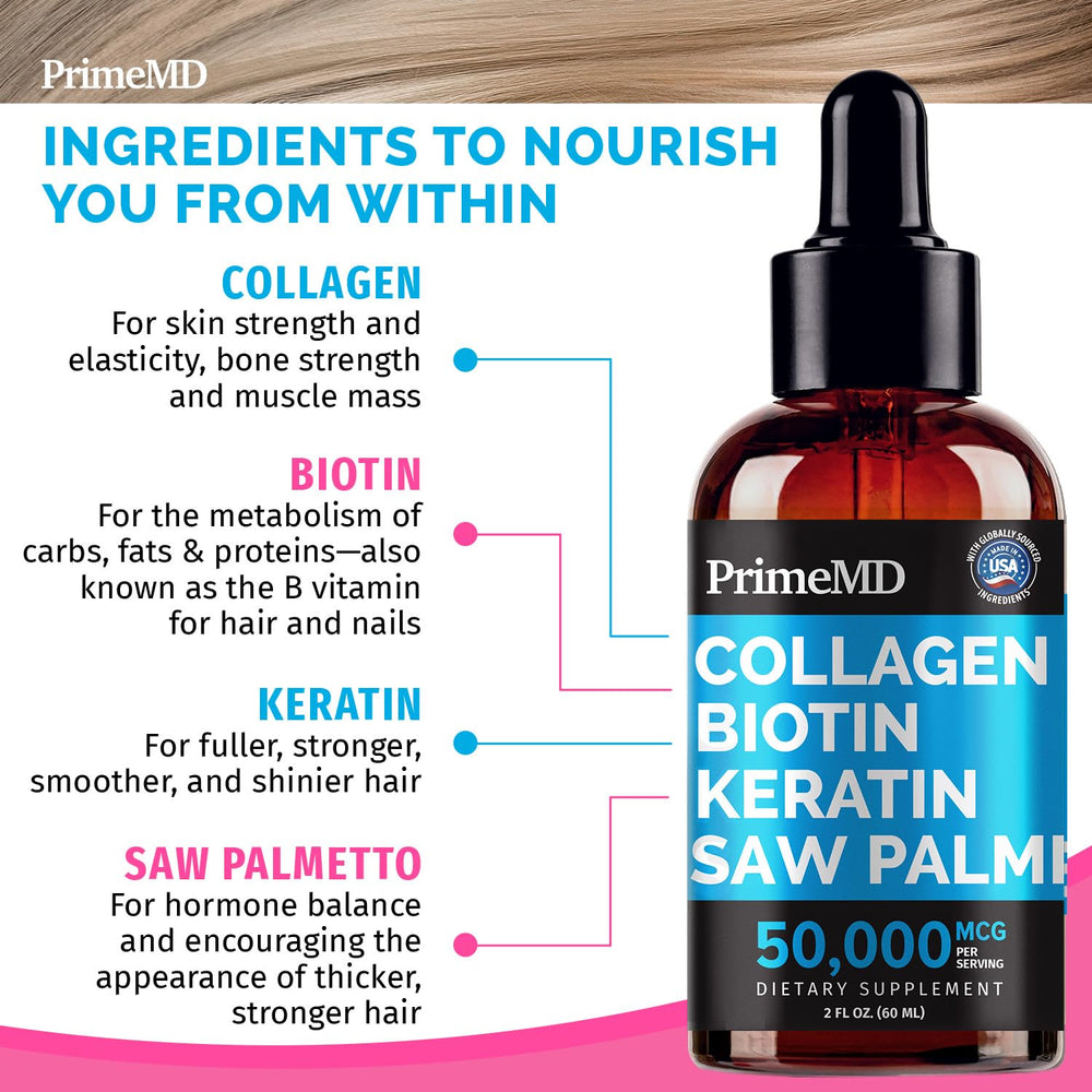 PrimeMD Biotin Liquid Drops provide concentrated nourishment for hair and nails