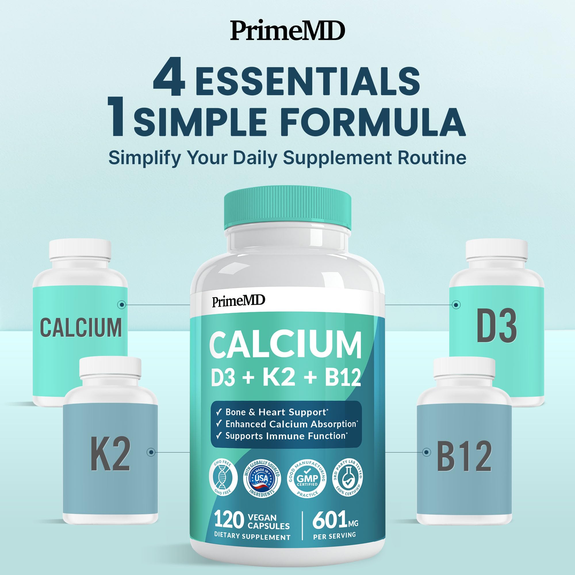 PrimeMD bottle with water glass demonstrates easy daily intake.