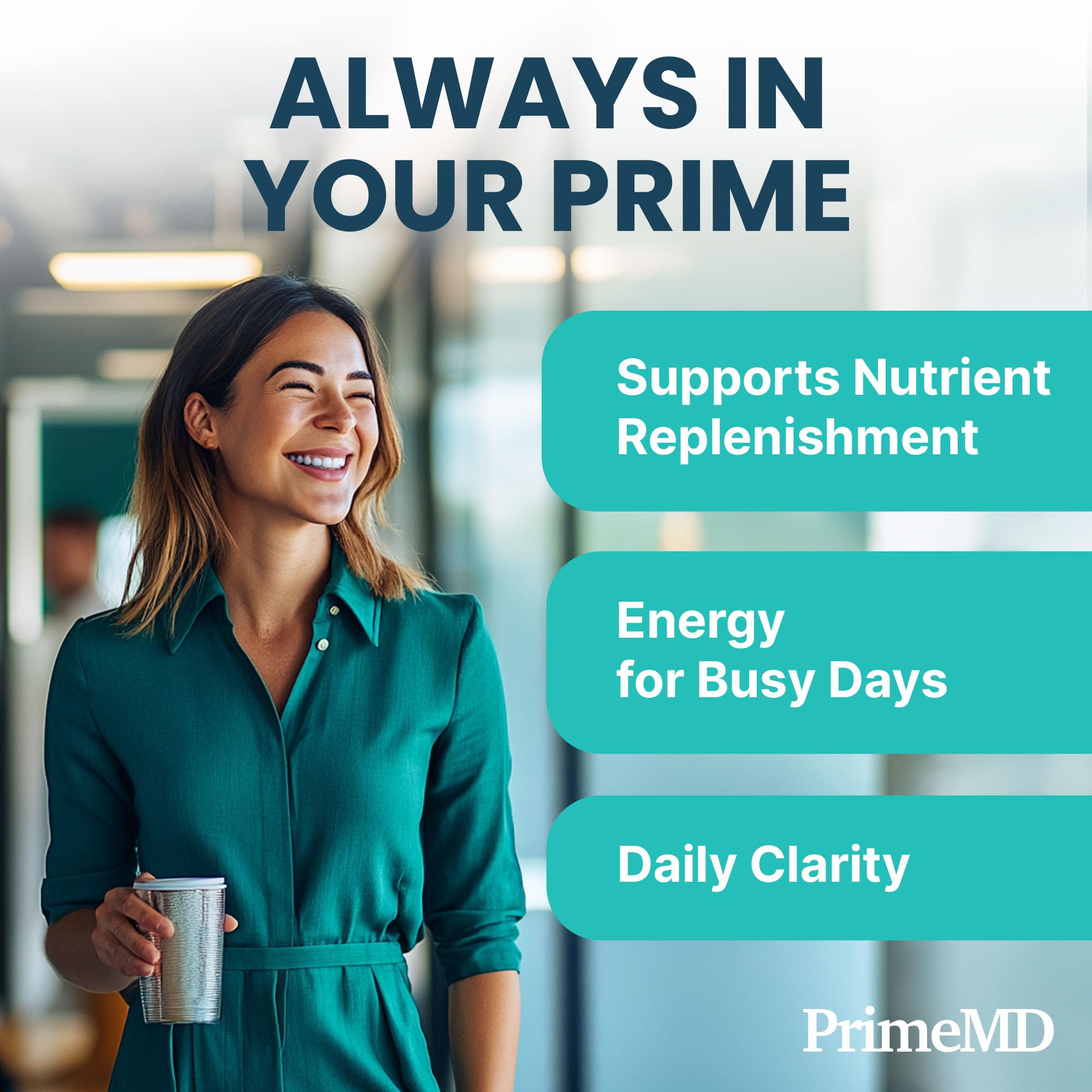PrimeMD capsules beside a measuring spoon for dosing guidance.