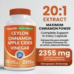 PrimeMD cinnamon capsules closeup highlighting organic Ceylon content and potency.