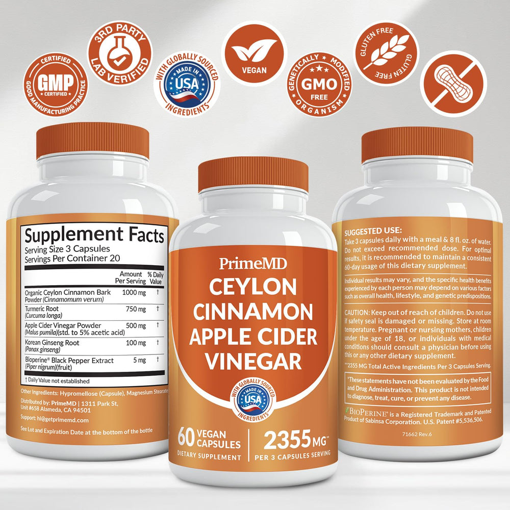 PrimeMD cinnamon bottle on a desk for daily routines.