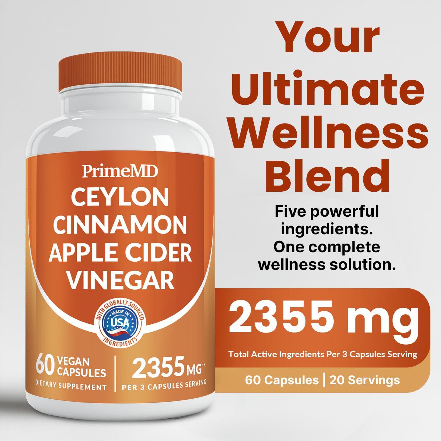 PrimeMD cinnamon capsules being poured for easy daily use.