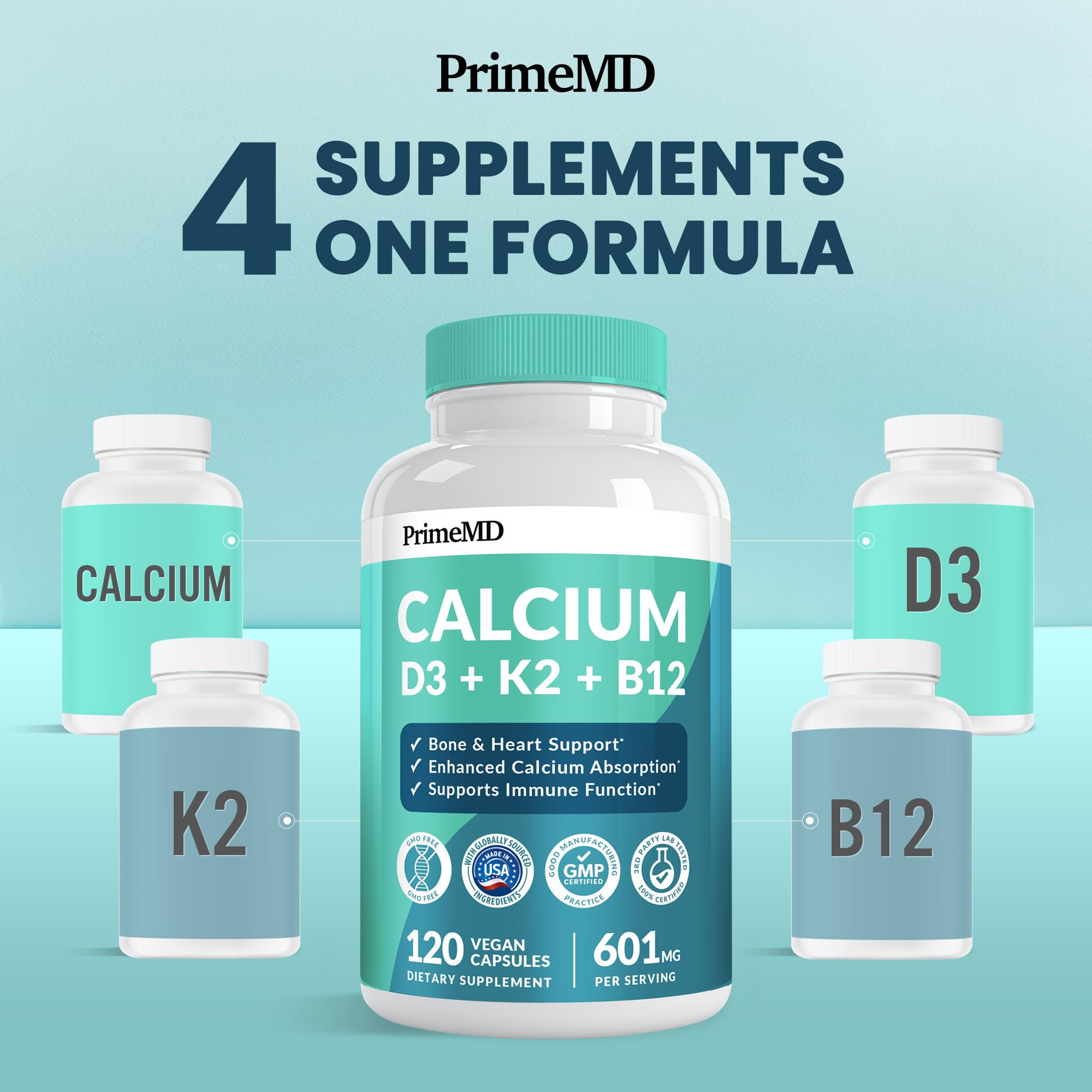 PrimeMD D3-K2 calcium tablets close-up showing 5000 IU potency.