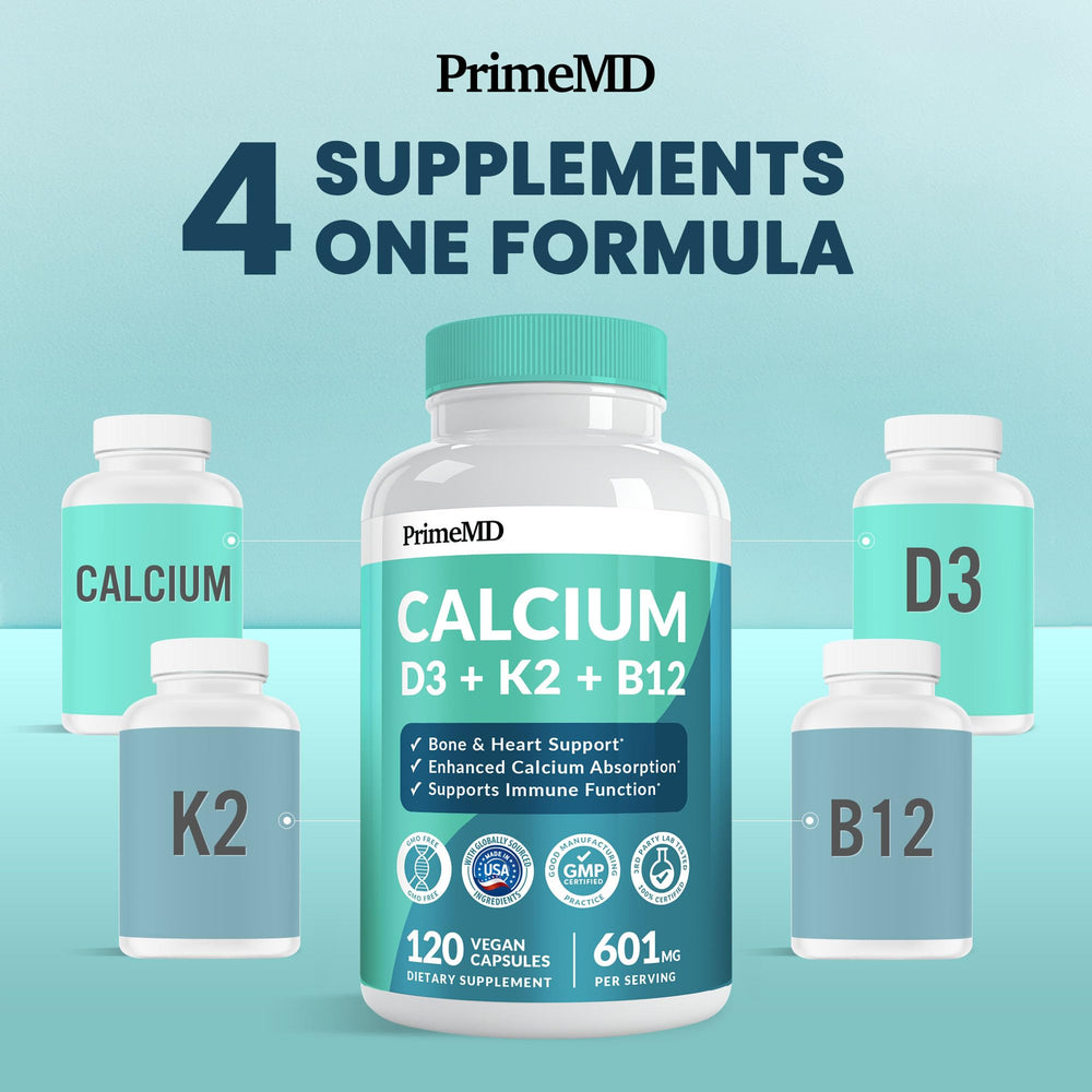 PrimeMD D3-K2 calcium tablets close-up showing 5000 IU potency.