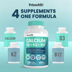 PrimeMD D3-K2 calcium tablets close-up showing 5000 IU potency.