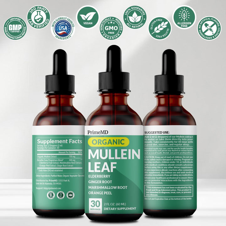 PrimeMD ingredient chart closeup featuring mullein, ginger, and echinacea