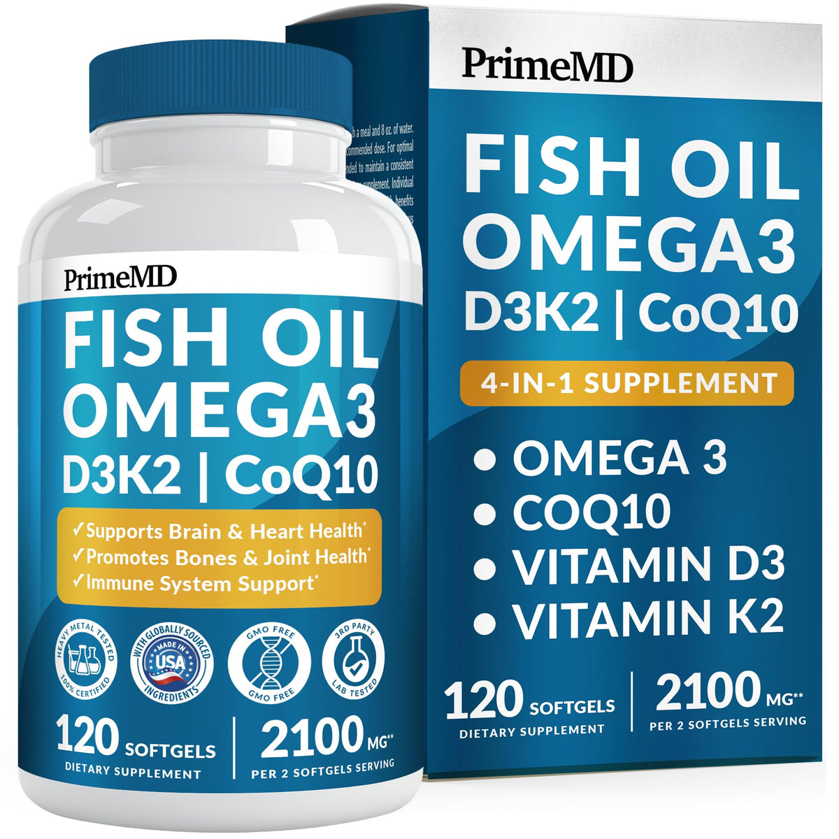 PrimeMD lemon fish oil bottle on kitchen counter promoting daily omega-3 intake.