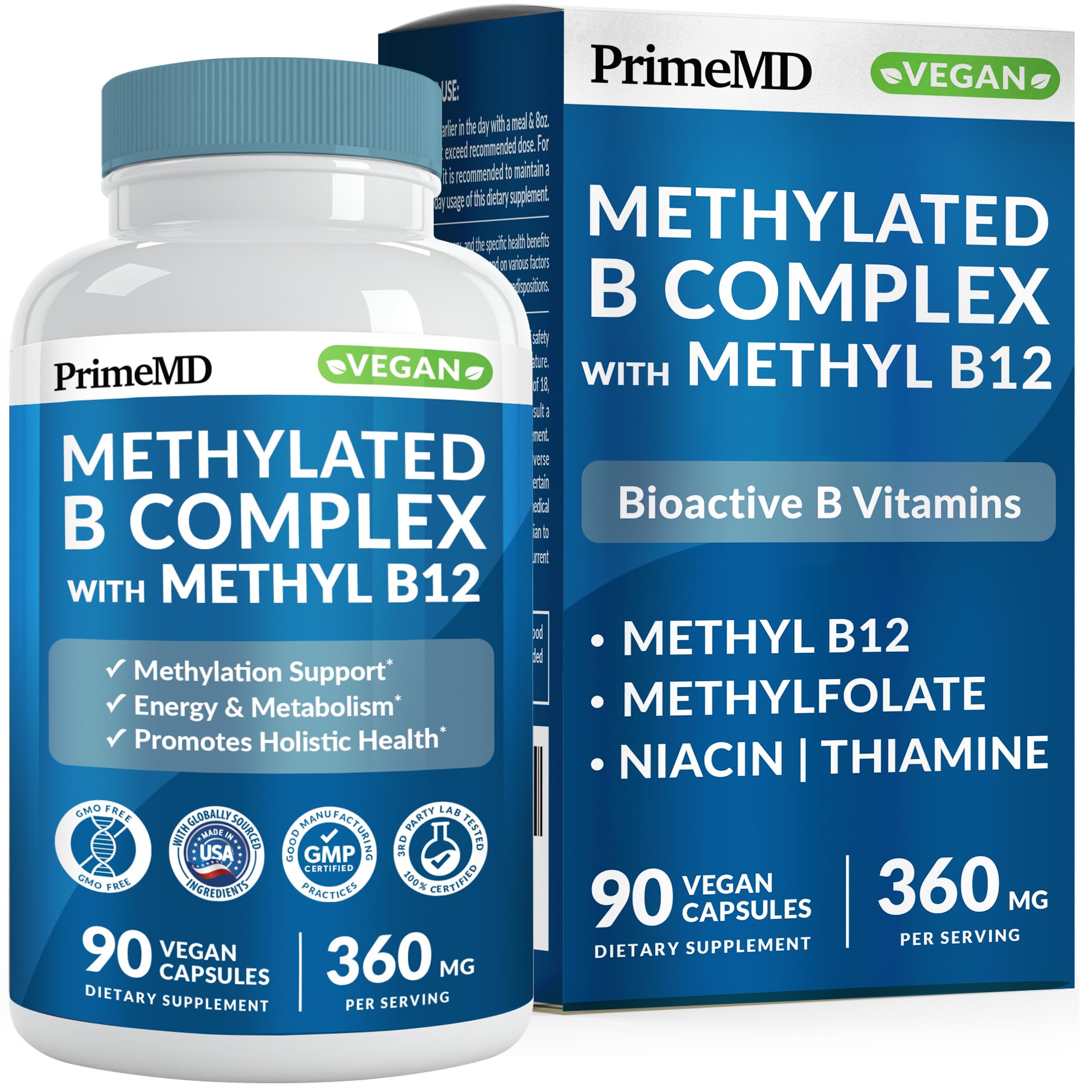 PrimeMD Methylated B Complex bottle on counter for daily wellness and easy dosing.