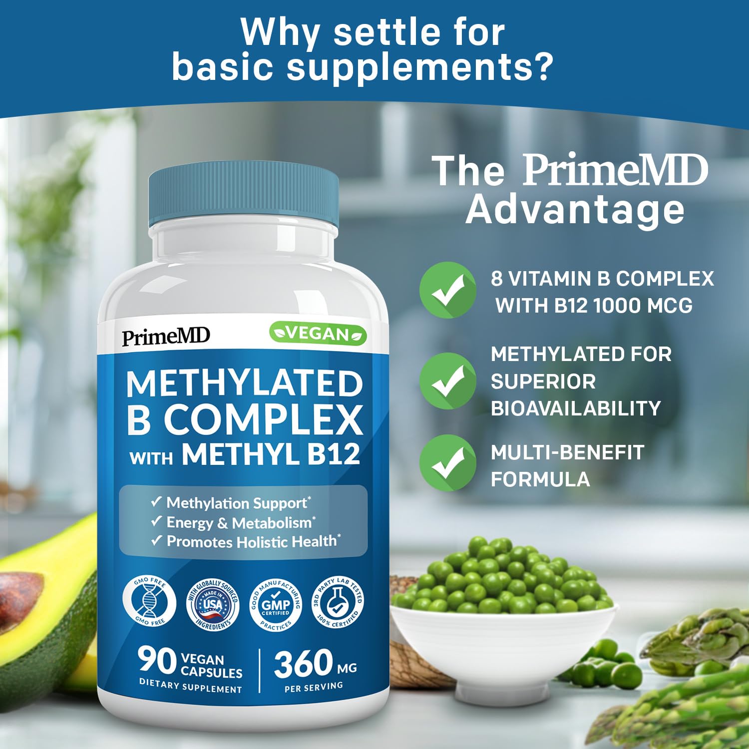 PrimeMD Methylated B Complex capsules closeup highlighting bioavailable methylcobalamin for energy support.