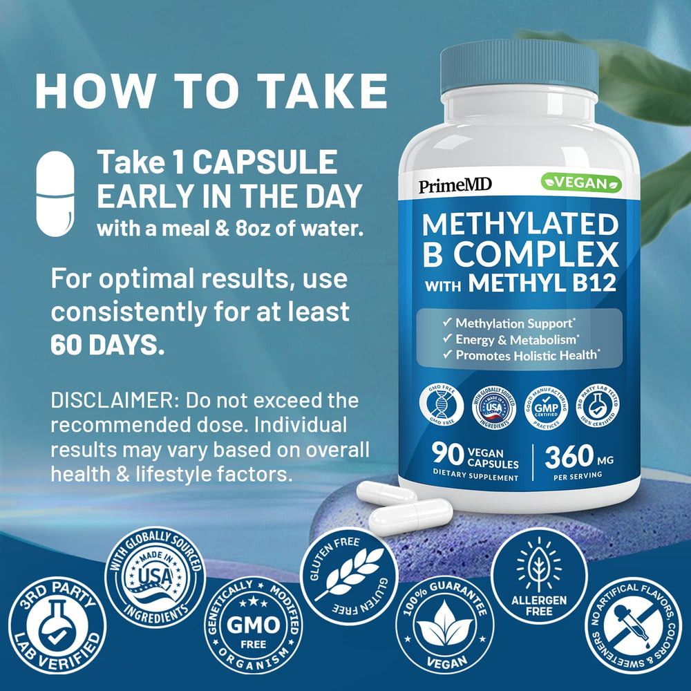 PrimeMD Methylated B Complex packaging box showing value and 90 servings.