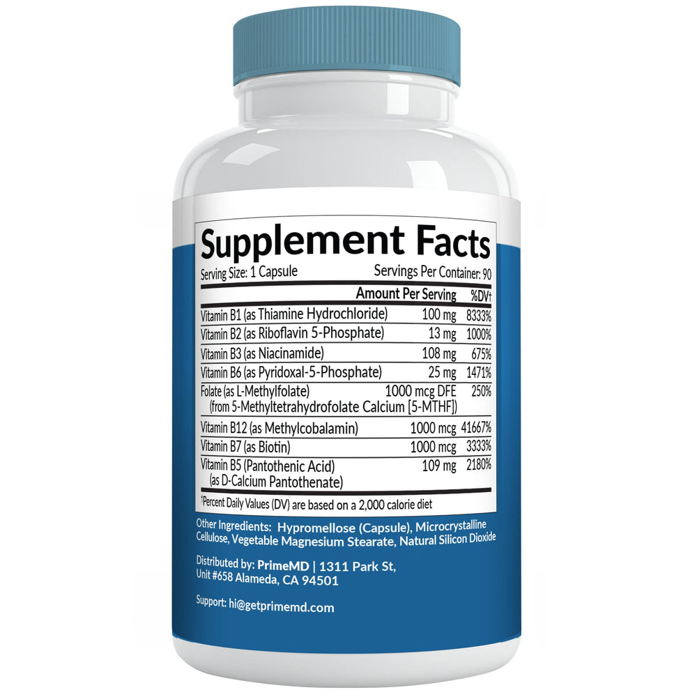 PrimeMD Methylated B Complex bottle on shelf with clear labeling.