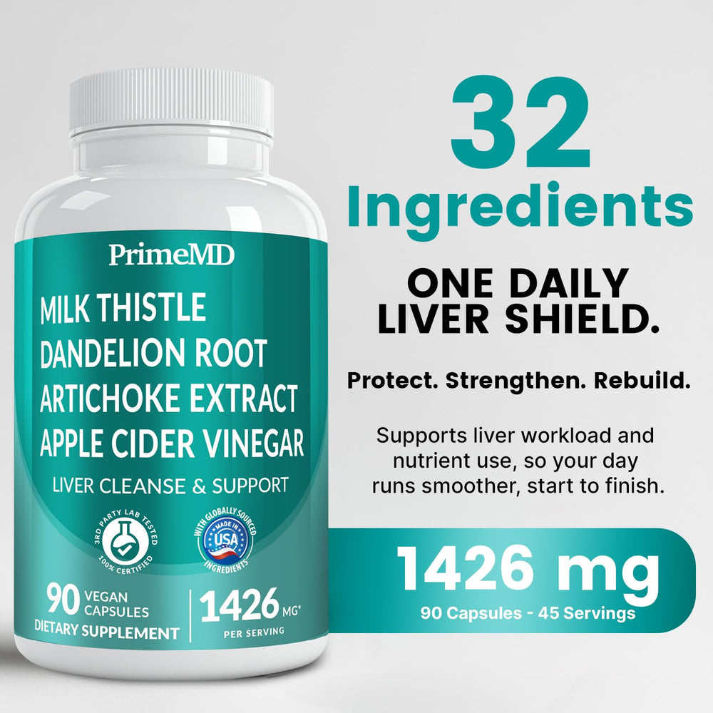 PrimeMD milk thistle capsules featuring silymarin for antioxidant liver protection and wellness support.