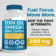 PrimeMD omega-3 softgels close-up highlighting lemon flavor.