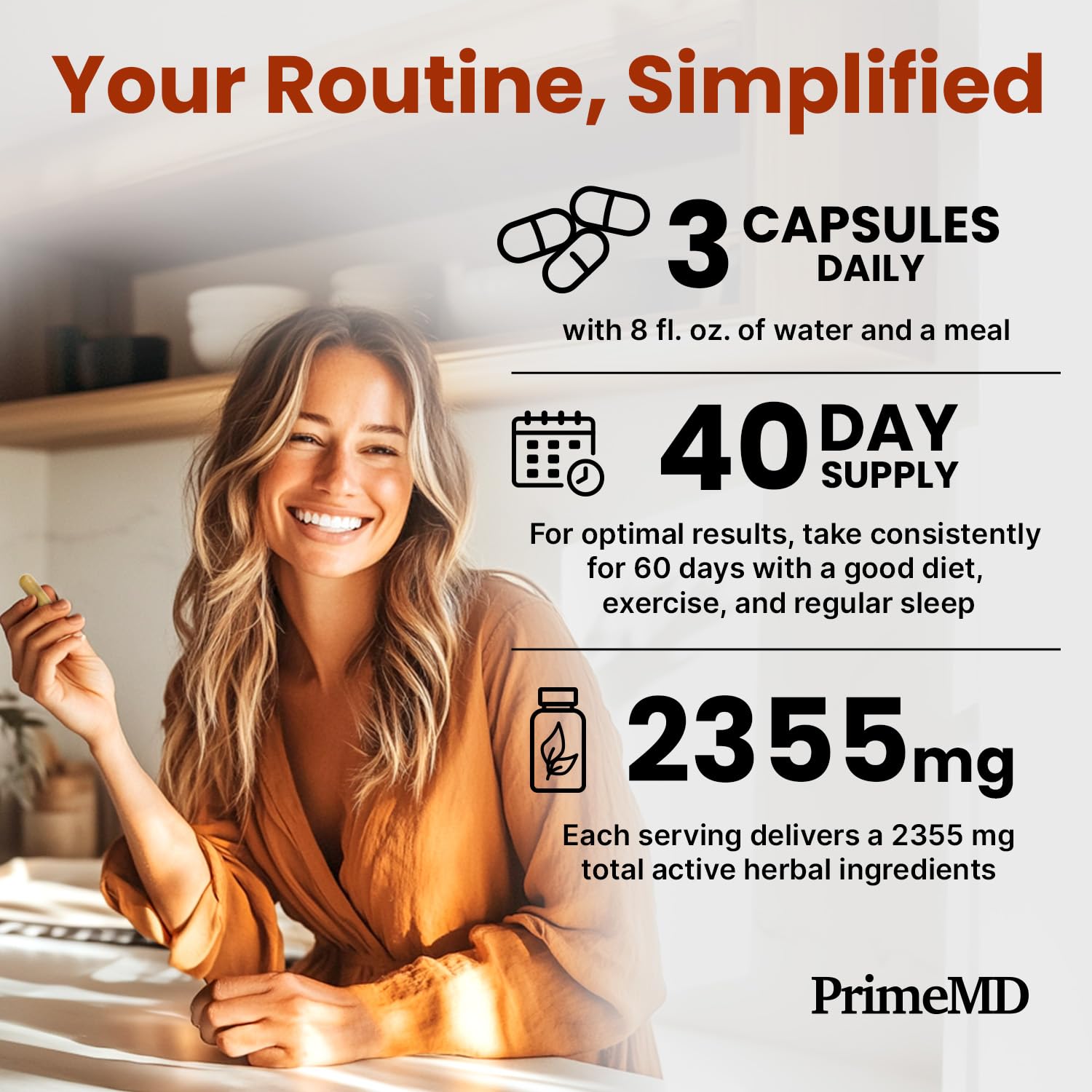 PrimeMD serving size 3 capsules per meal shown.