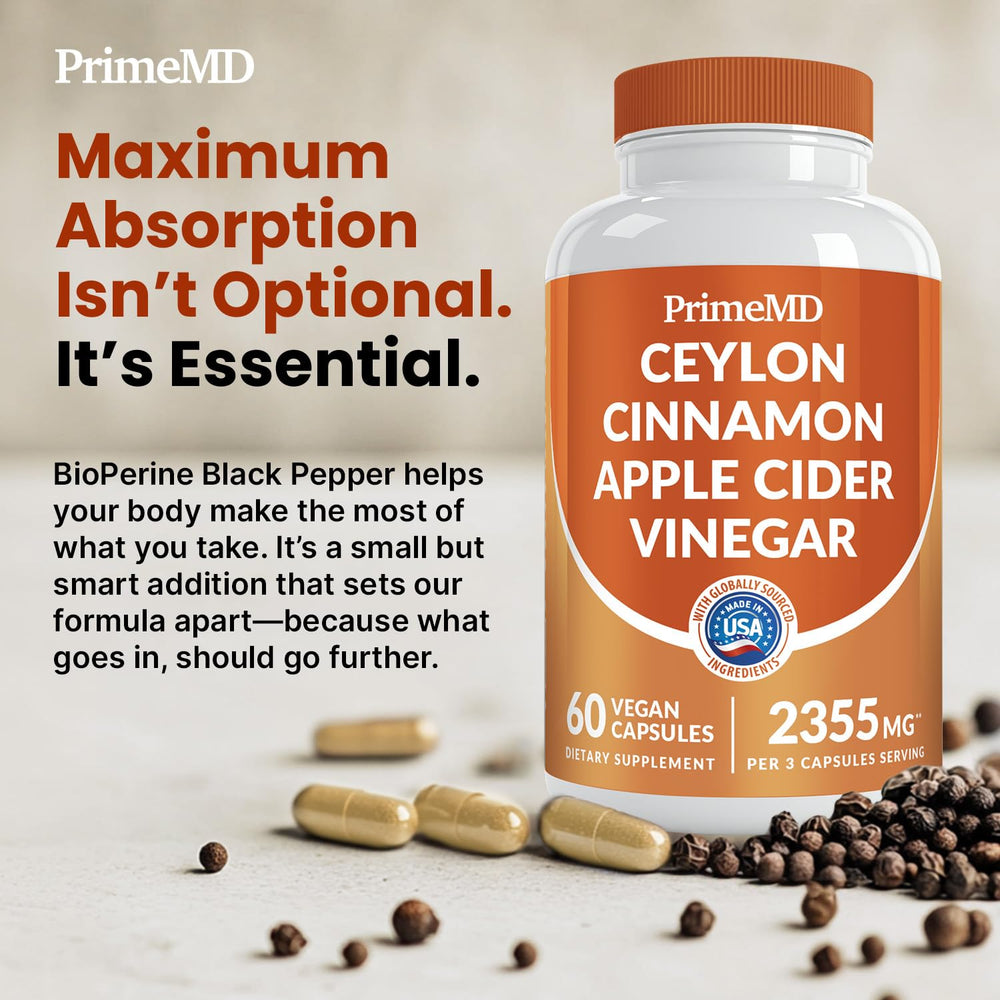 PrimeMD vegan gluten-free label on cinnamon capsules bottle.