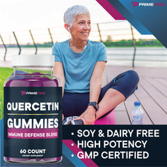 Nutrition label on Primetime Sports quercetin zinc elderberry gummies visible detail.