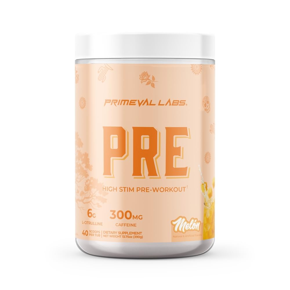 Primeval Labs PRE high-stim melon bottle fuels steady energy for tough workouts.