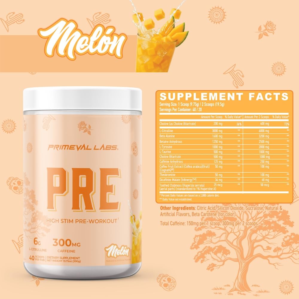 Primeval Labs PRE melon scoop dissolves quickly in water for smooth mixing.