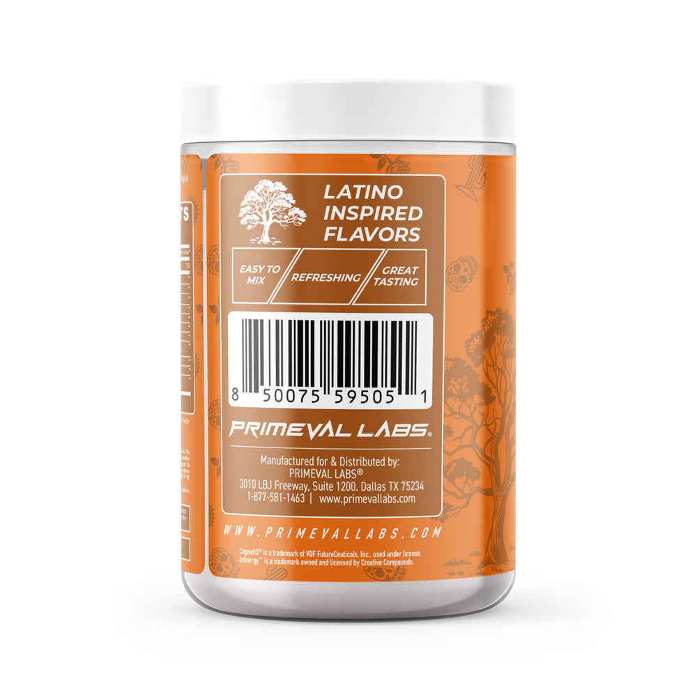Close-up of Primeval Labs PRE powder highlighting Tamarindo flavor and texture