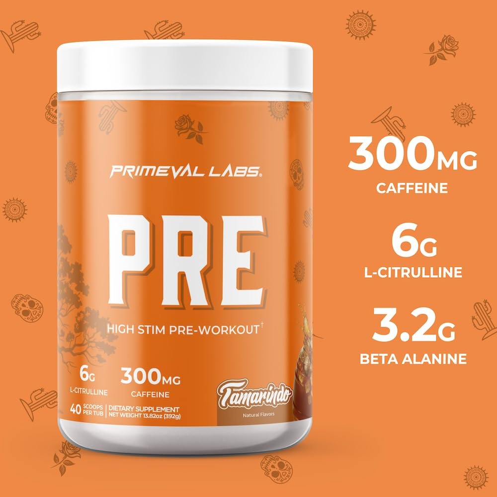 Primeval Labs PRE High-Stim tub front showing 40 servings