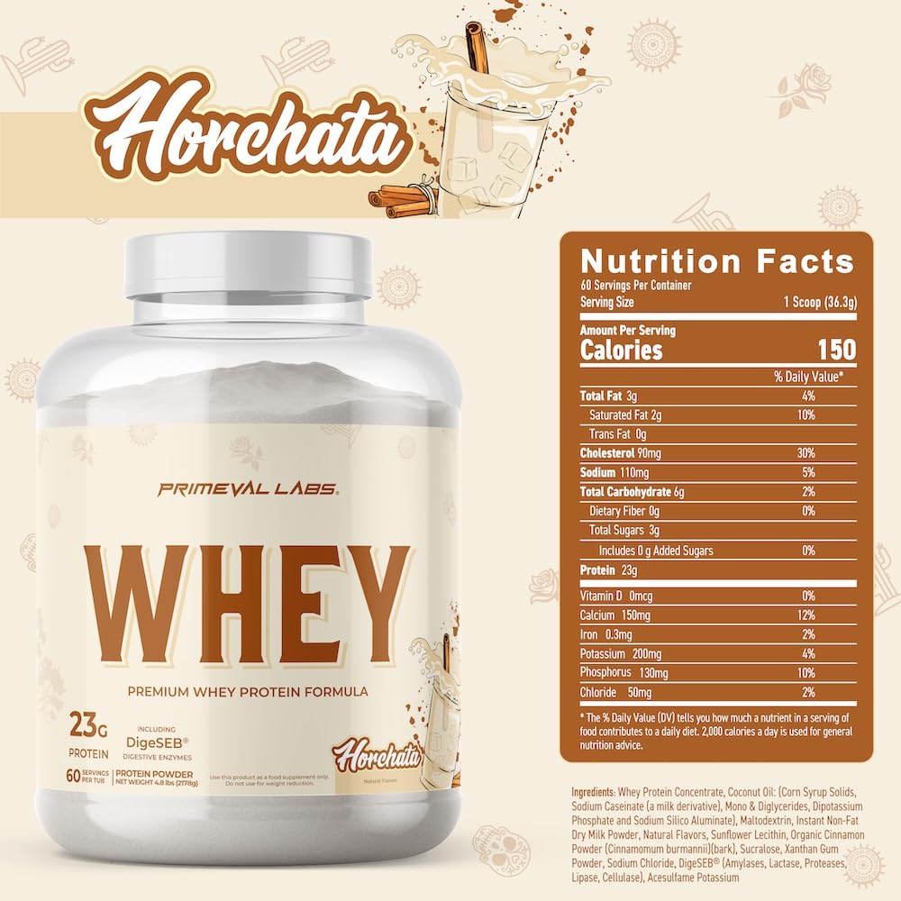 Primeval Labs Pure Whey Protein Concentrate horchata shake for easy mixing and satisfying taste.