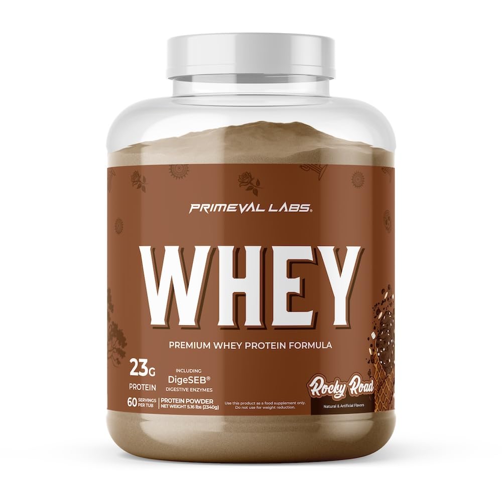 Primeval Labs Pure Whey Rocky Road front of tub with high-protein profile.