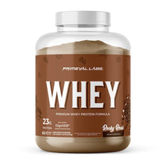 Primeval Labs Pure Whey Rocky Road front of tub with high-protein profile.