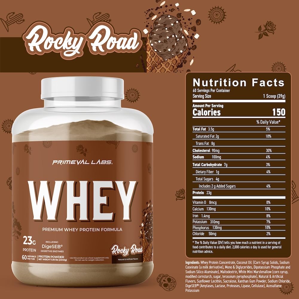 Scoop pouring Primeval Labs Pure Whey Rocky Road powder.