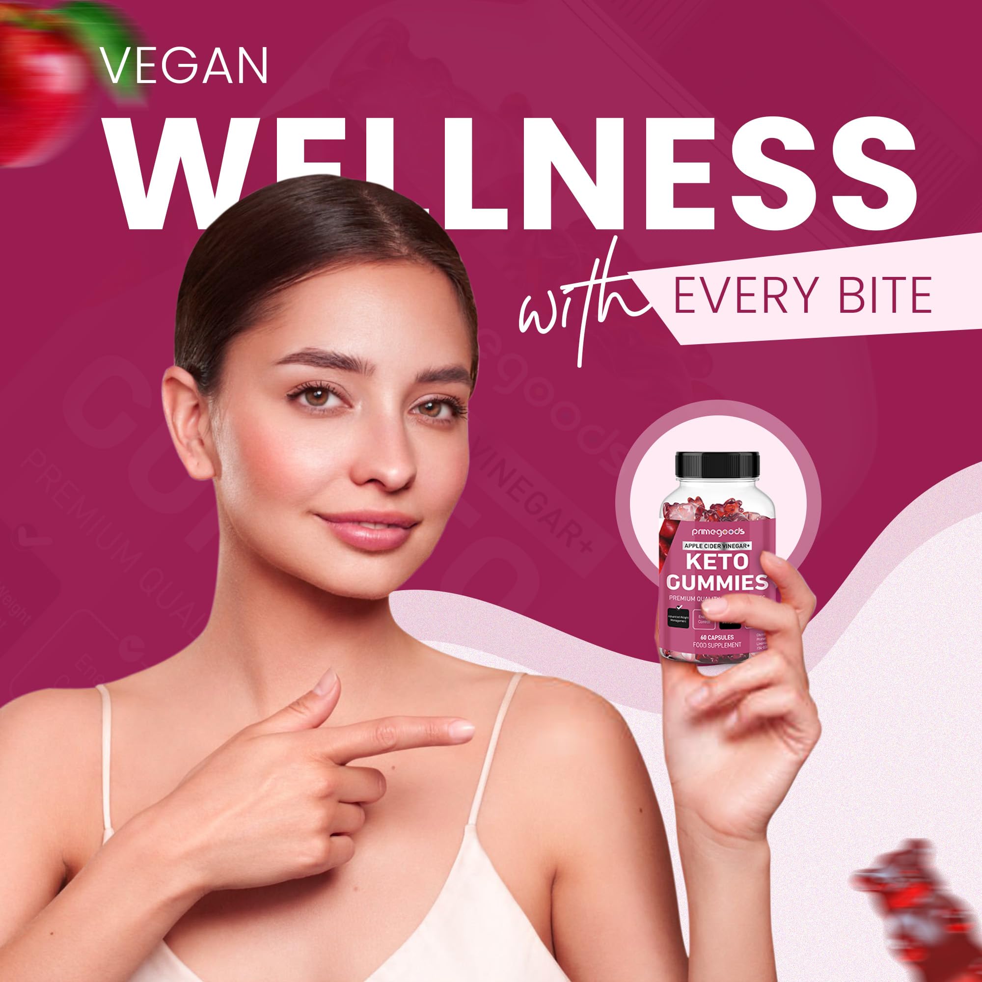 PrimeGoods Keto ACV Gummies digestive support texture and formula close-up.