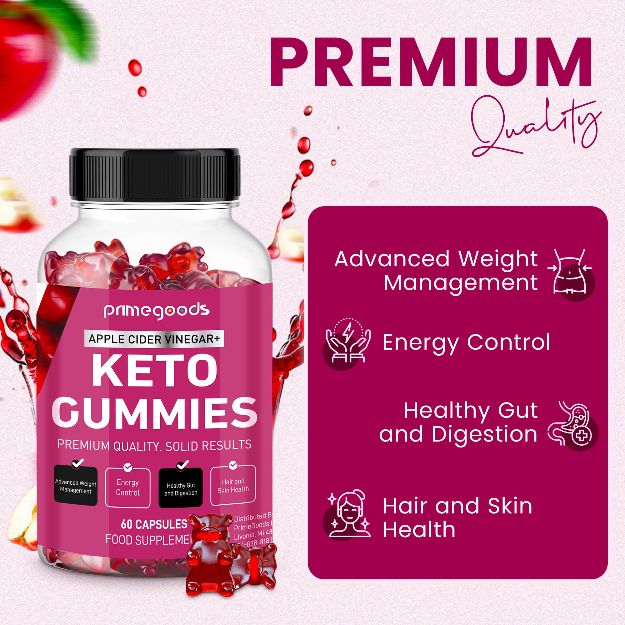 PrimeGoods Keto ACV Gummies with pomegranate for natural flavor and low calories.