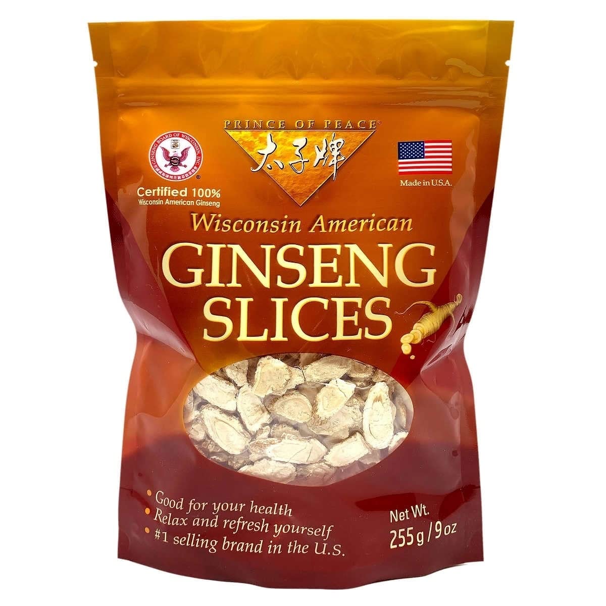 Prince Of Peace ginseng slices close-up in amber, highlighting natural energy ideas.