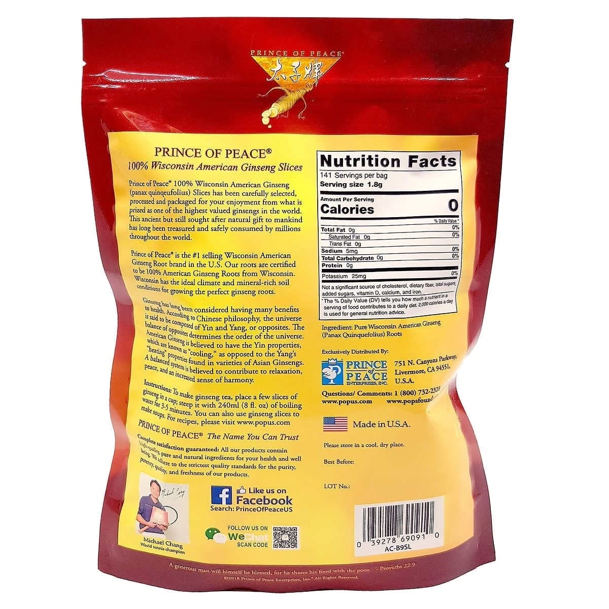 Prince Of Peace ginseng slices in bag with label for easy storage.