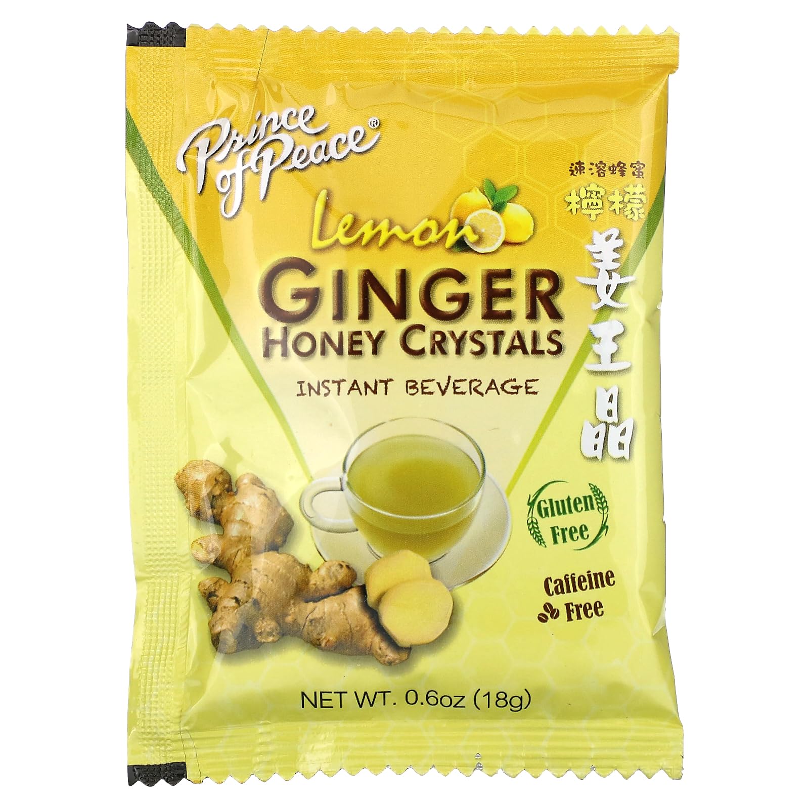 Prince of Peace lemon-ginger-honey crystals brewing in cup for comforting hot or cold beverage