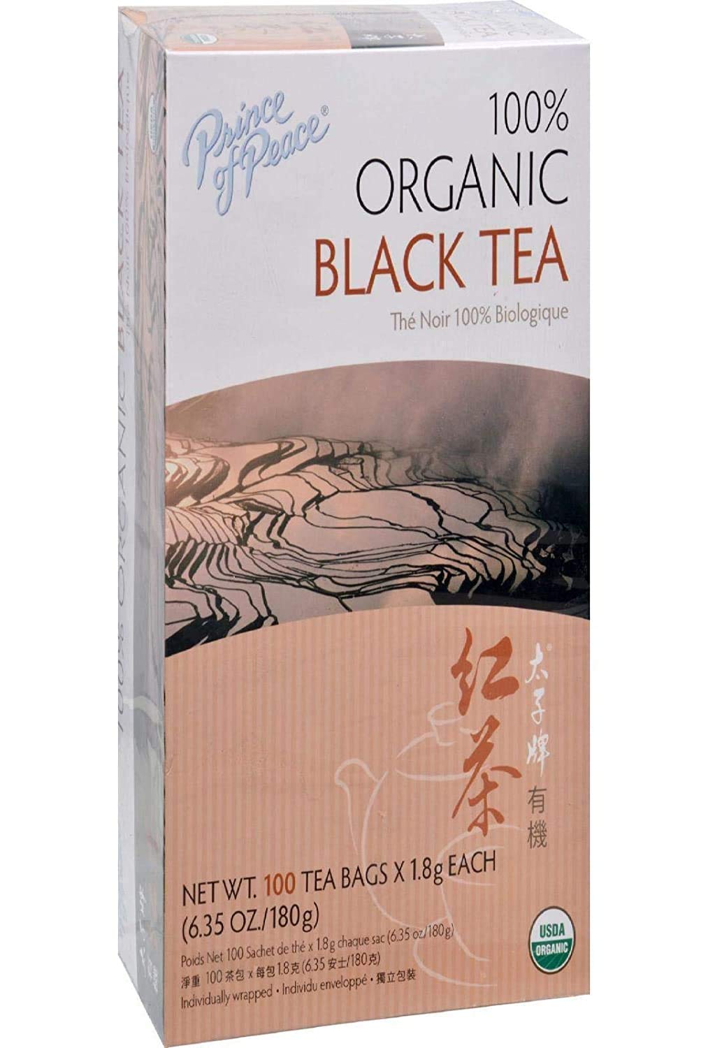 Prince Of Peace Organic Black Tea bags in box, rich aroma and crisp flavor