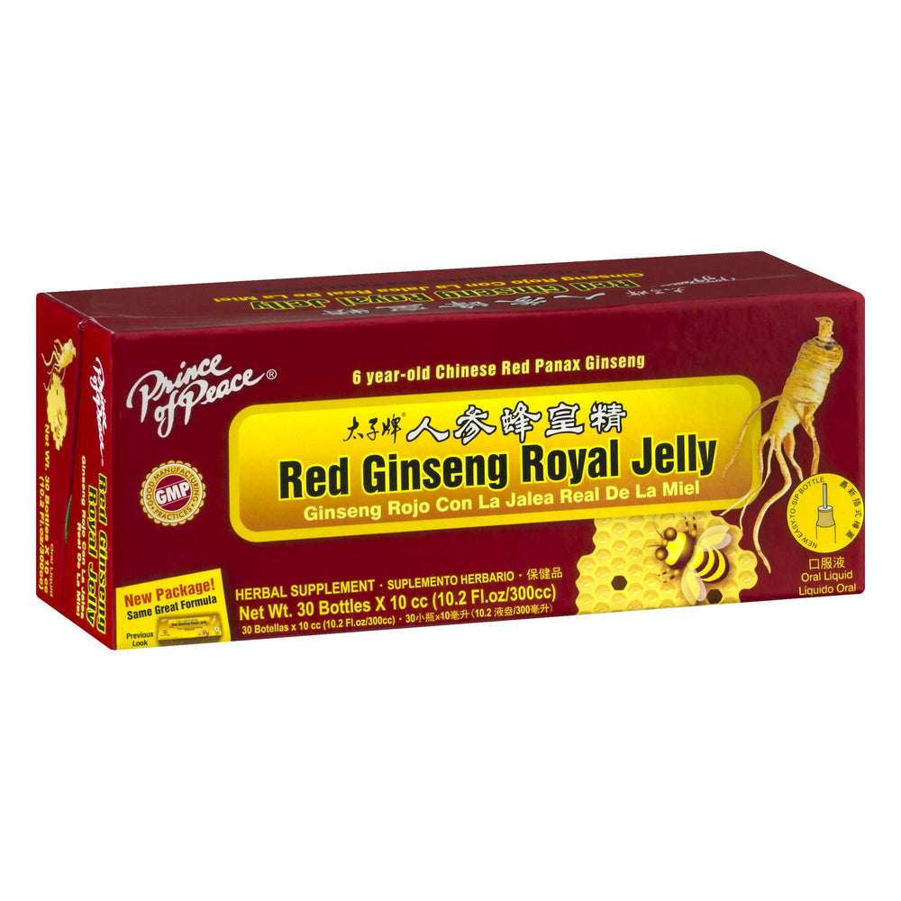 Prince of Peace Red Ginseng Royal Jelly closeup highlighting individual vials and premium ingredients.