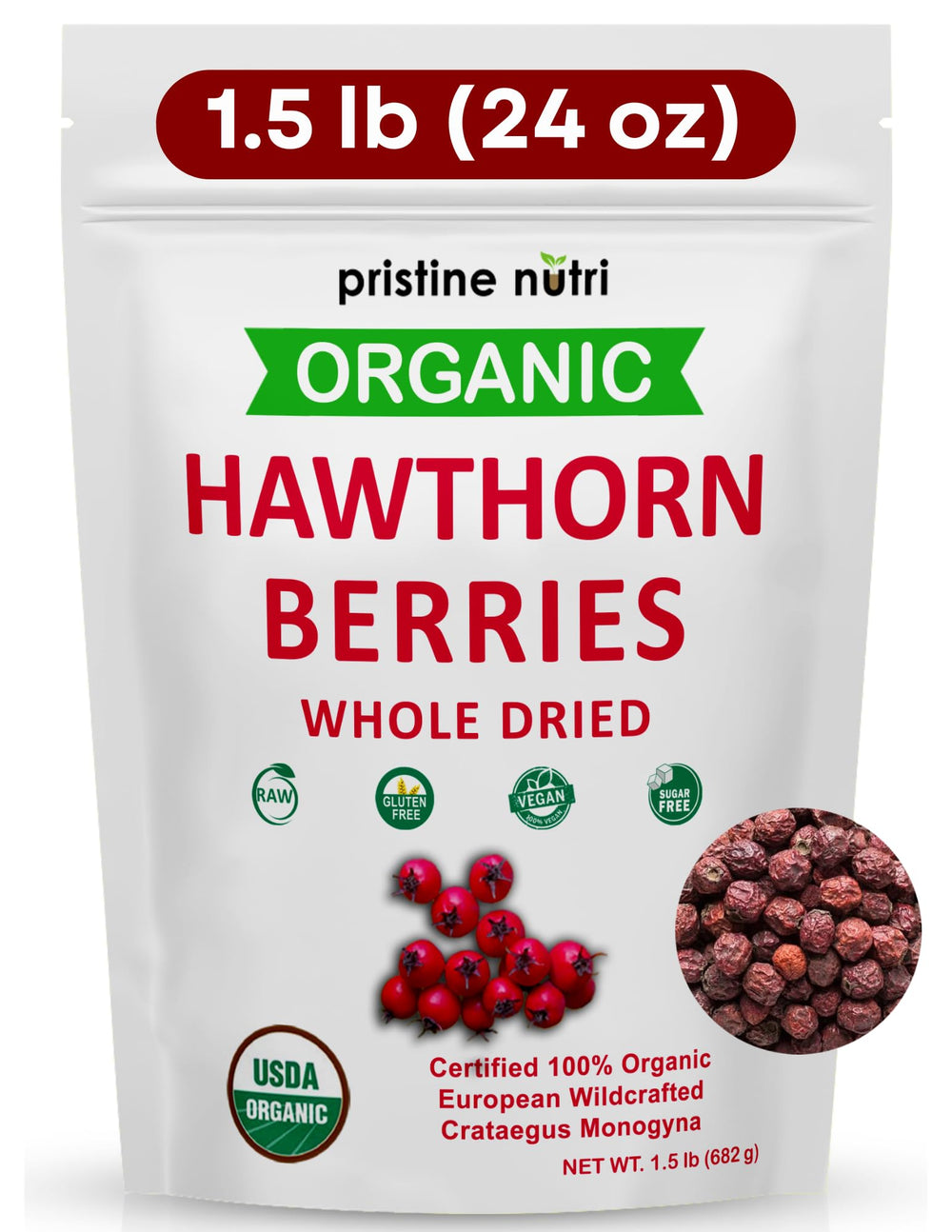 Pristine Nutri hawthorn berries dried bulk pack, ready for storage and use in teas