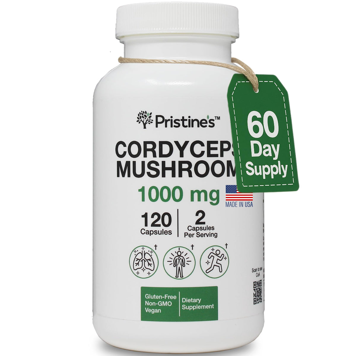 PRISTINE'S Cordyceps capsules bottle on white surface suggesting daily energy support