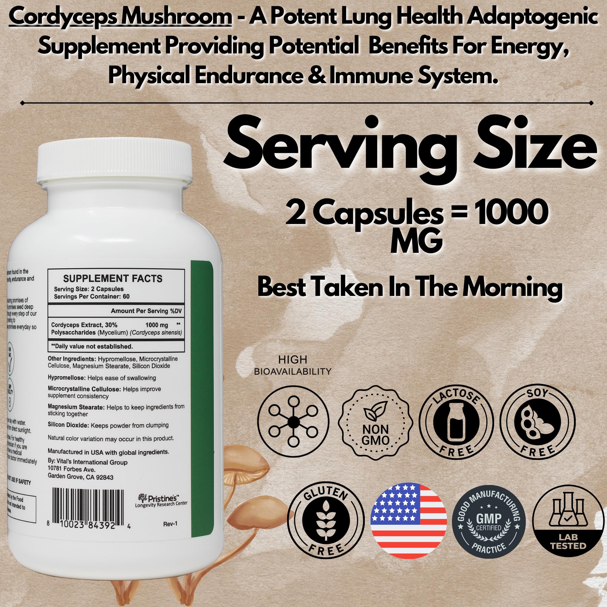 PRISTINE'S Cordyceps label close-up with dosage notes for informed endurance and wellness use