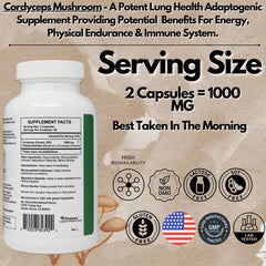 PRISTINE'S Cordyceps label close-up with dosage notes for informed endurance and wellness use