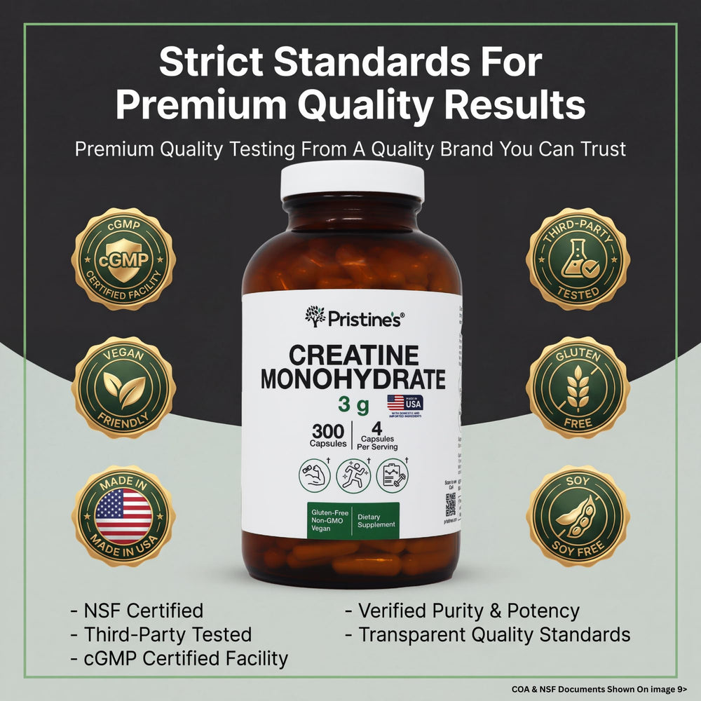 Pristine's Creatine Monohydrate Capsules etiqueta frontal para recordatorio de dosis