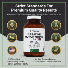 Pristine's Creatine Monohydrate Capsules etiqueta frontal para recordatorio de dosis