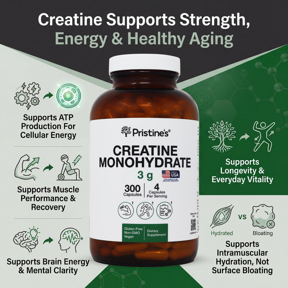 Pristine's Creatine Monohydrate Capsules vaso con agua lista para entrenamiento