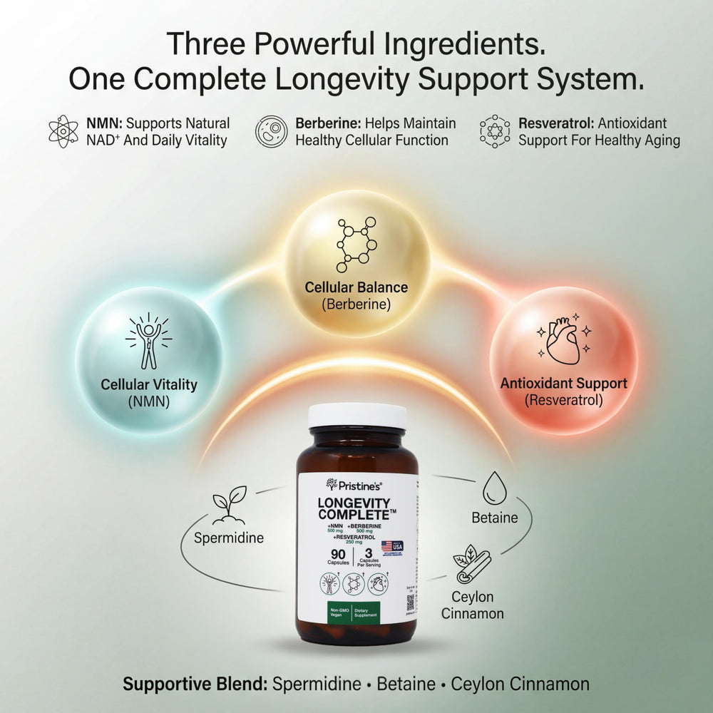 PRISTINE'S Longevity Complex bottle pour demonstrates easy daily capsule intake.