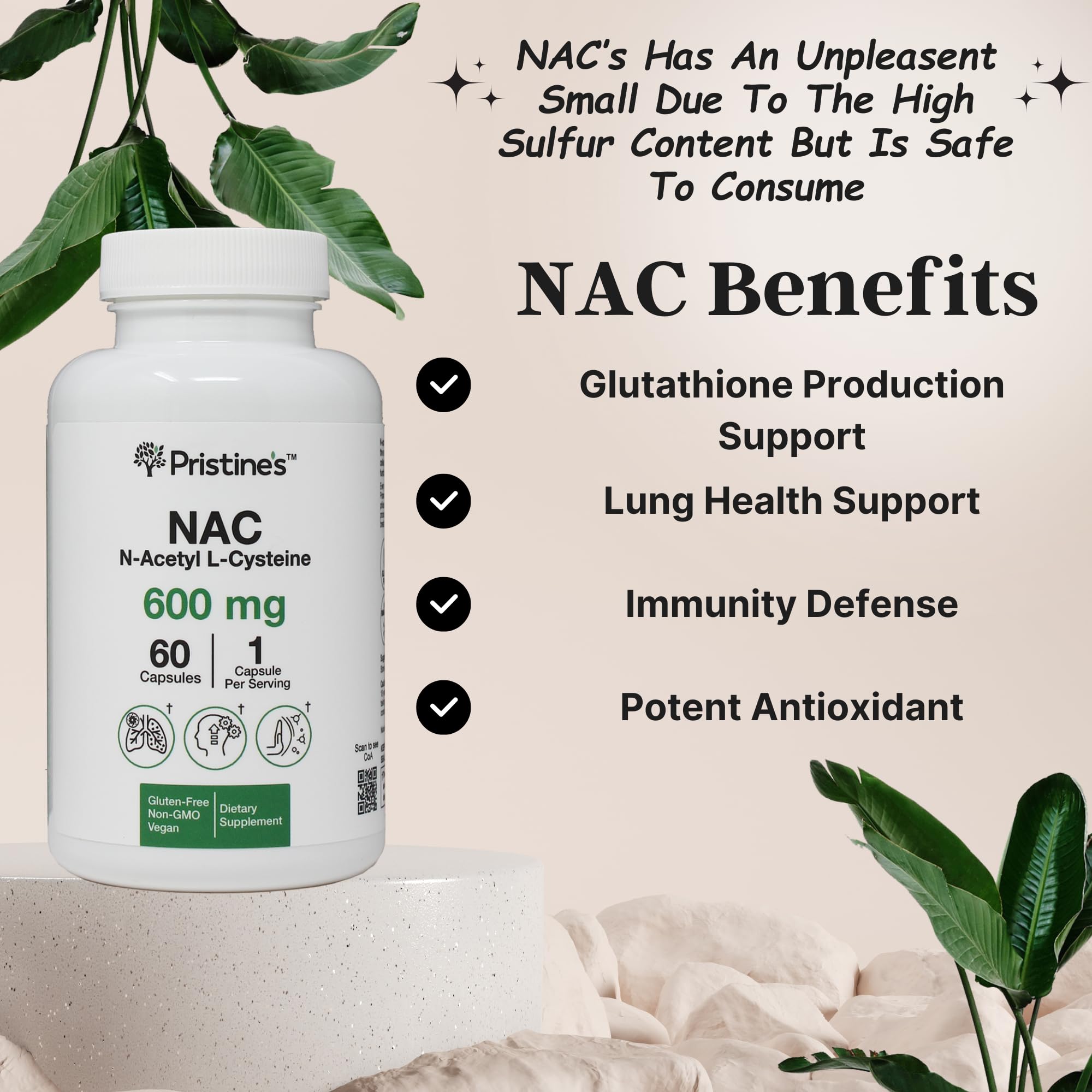 PRISTINE'S NAC capsules close-up showing easy-to-swallow capsules