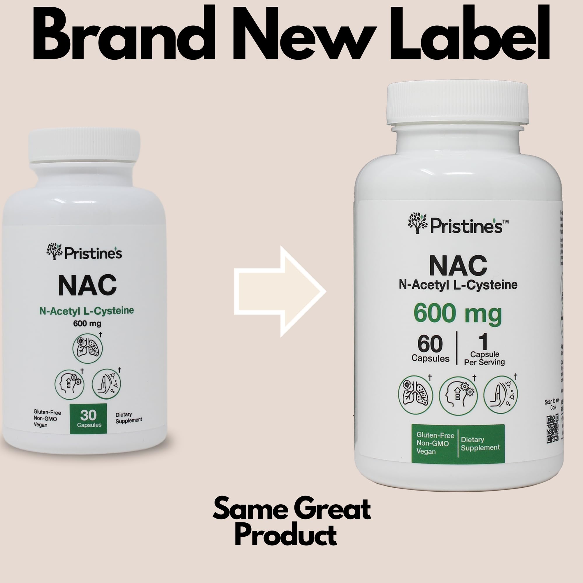 PRISTINE'S NAC bottle front label highlighting vegan, gluten-free, non-GMO formula