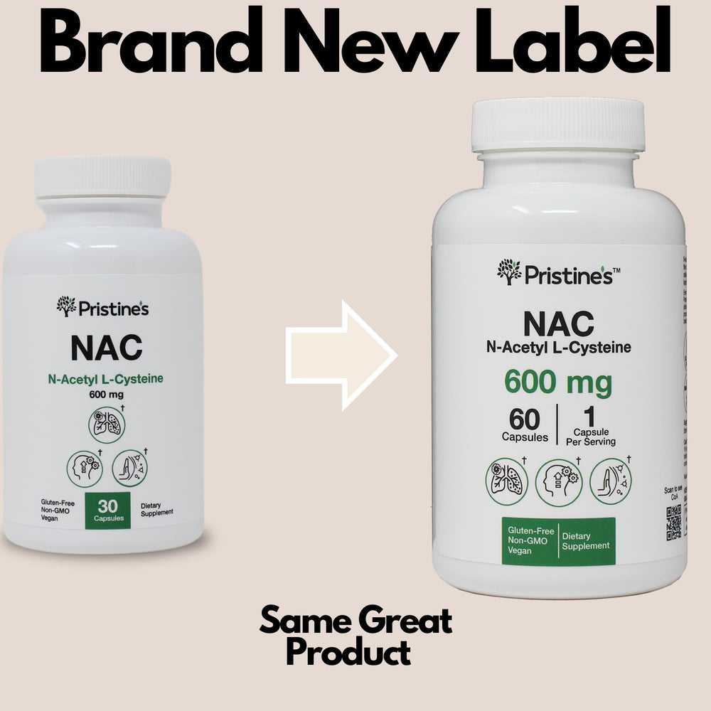 PRISTINE'S NAC bottle front label highlighting vegan, gluten-free, non-GMO formula