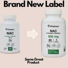 PRISTINE'S NAC bottle front label highlighting vegan, gluten-free, non-GMO formula