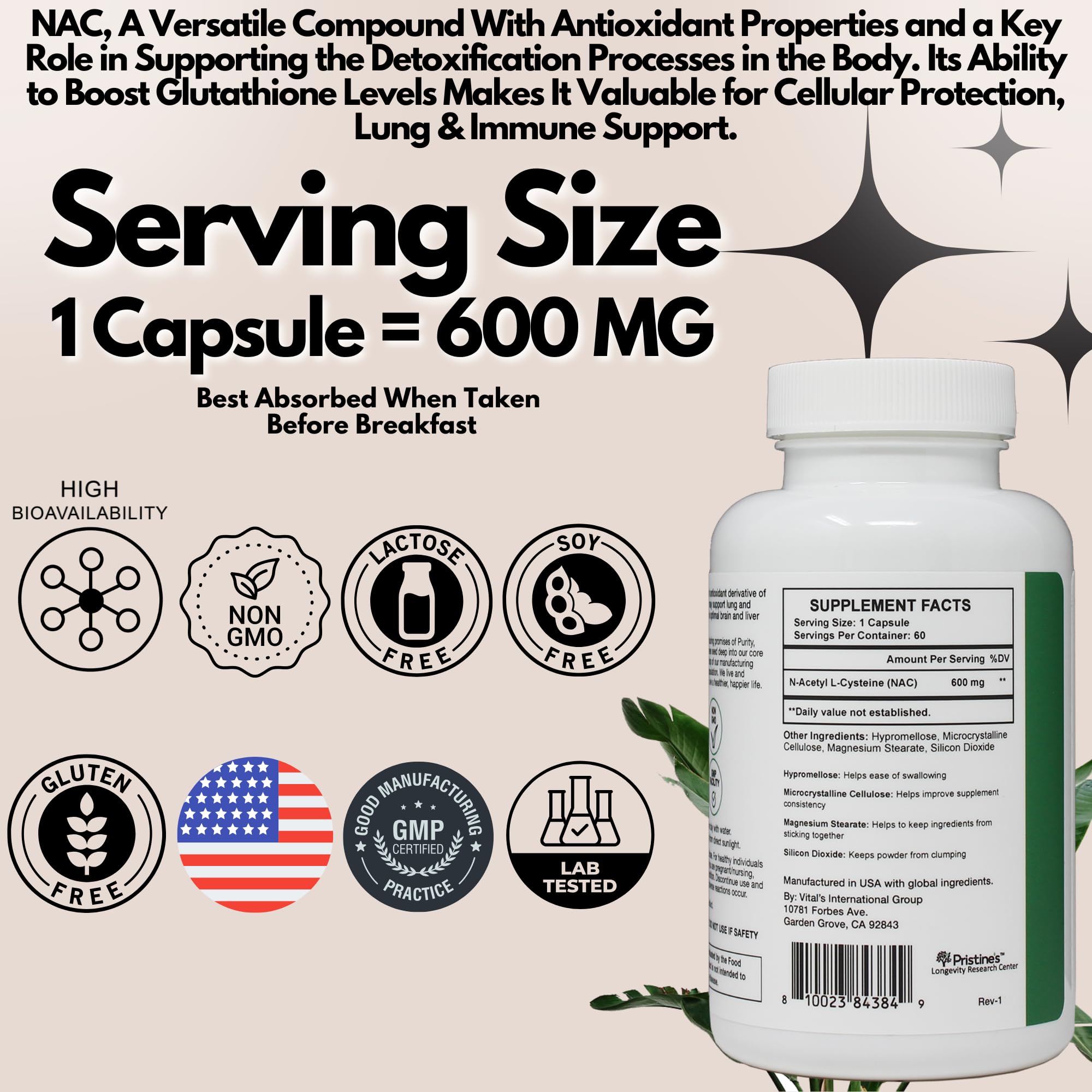 PRISTINE'S NAC label detail displaying ingredients and allergen-free formula