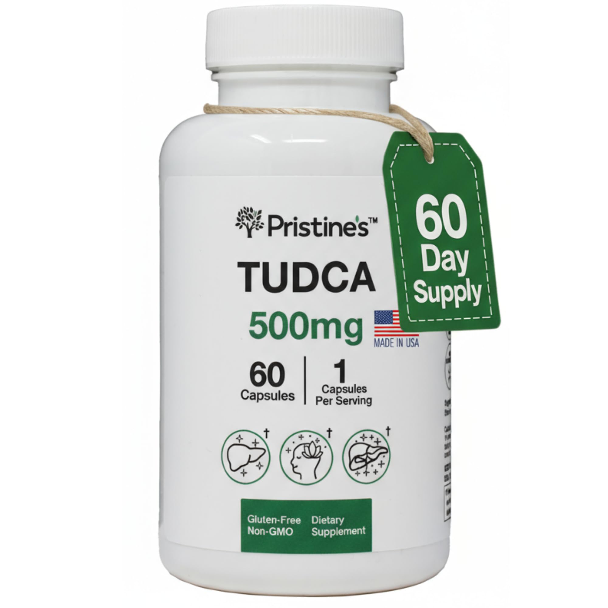 PRISTINE'S Tudca 500mg bottle front view for daily liver support.