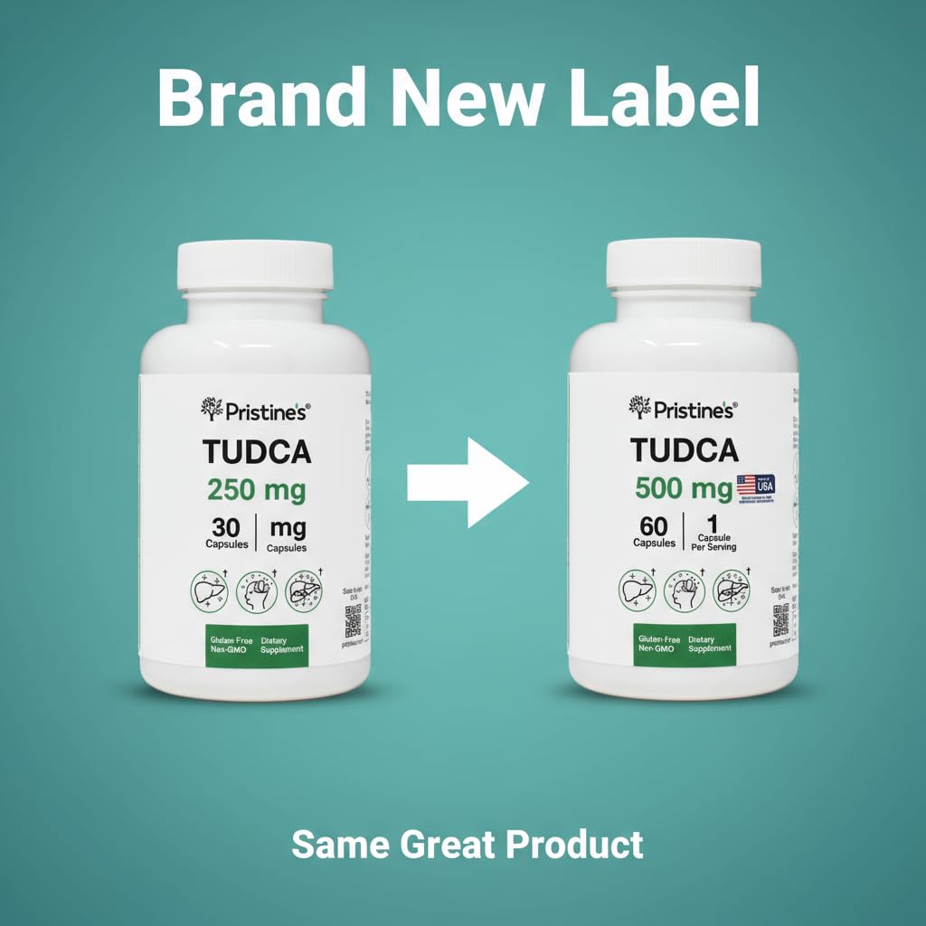 PRISTINE'S Tudca 500mg bottle label details highlight ingredients and purity.